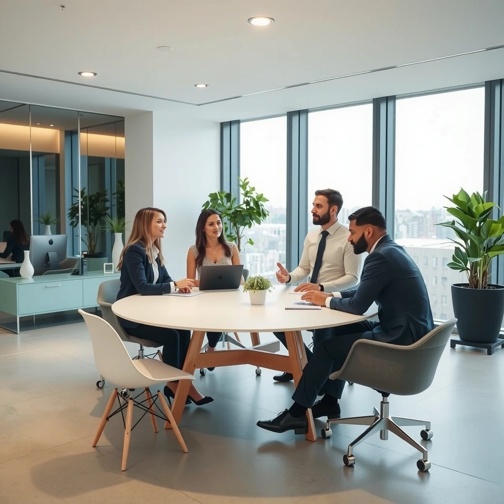 Modern office workspace with team collaborating